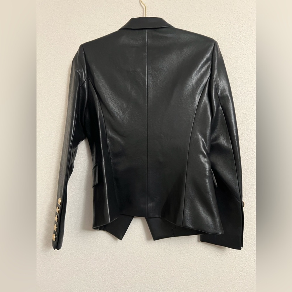 Black Double-Breasted Leather Blazer Jacket - Picture 6 of 8